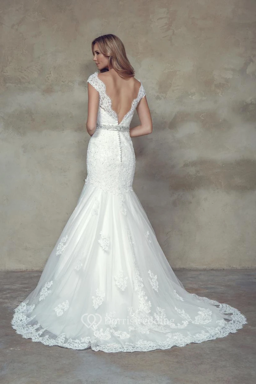 Mermaid Cap-Sleeve Jeweled V-Neck Lace Wedding Dress view 2