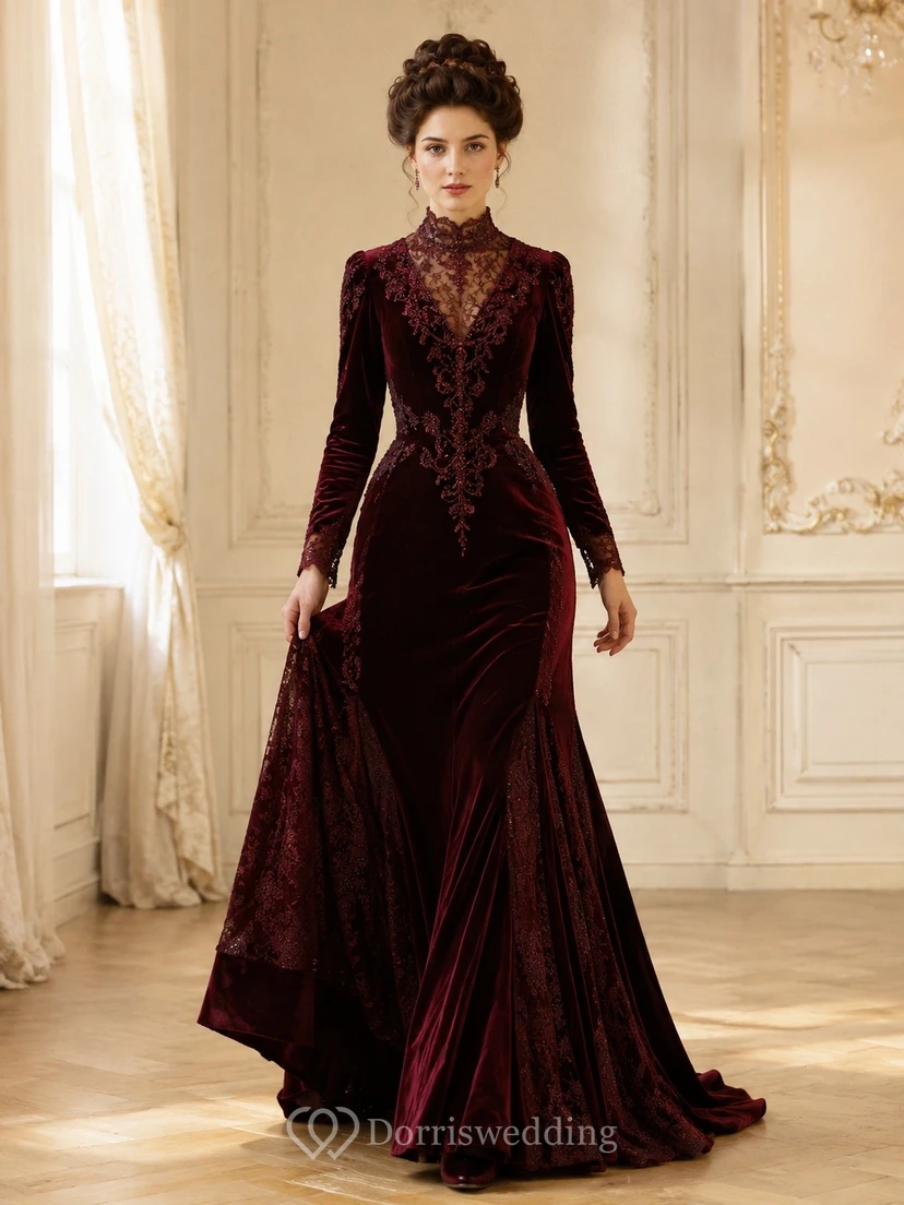 Edwardian Burgundy High-Neck Long Sleeve Velvet Tiered Formal Dress