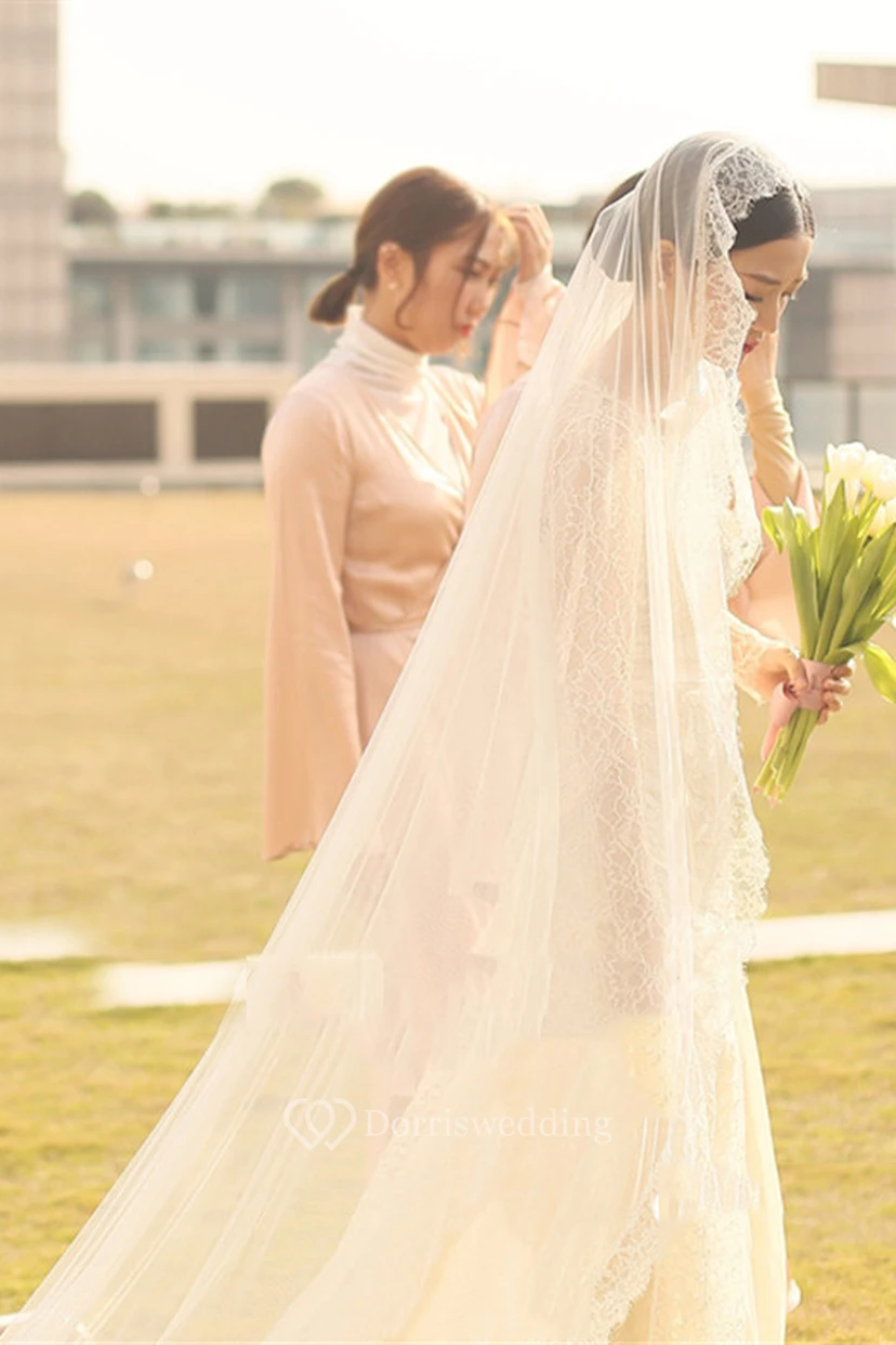 Soft Romantic Tulle Wedding Veil with Lace Edge view 2