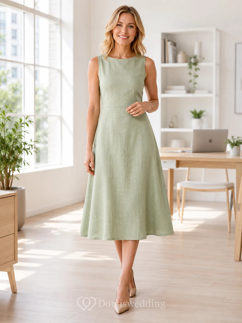 Sage green sleeveless jewel neck linen summer office dress view 2