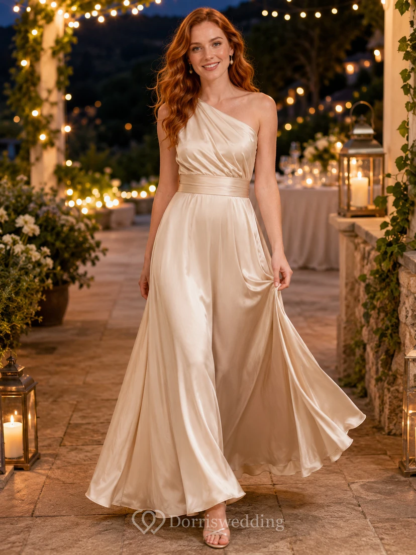 Champagne One Shoulder Satin A Line Celebration Evening Gown