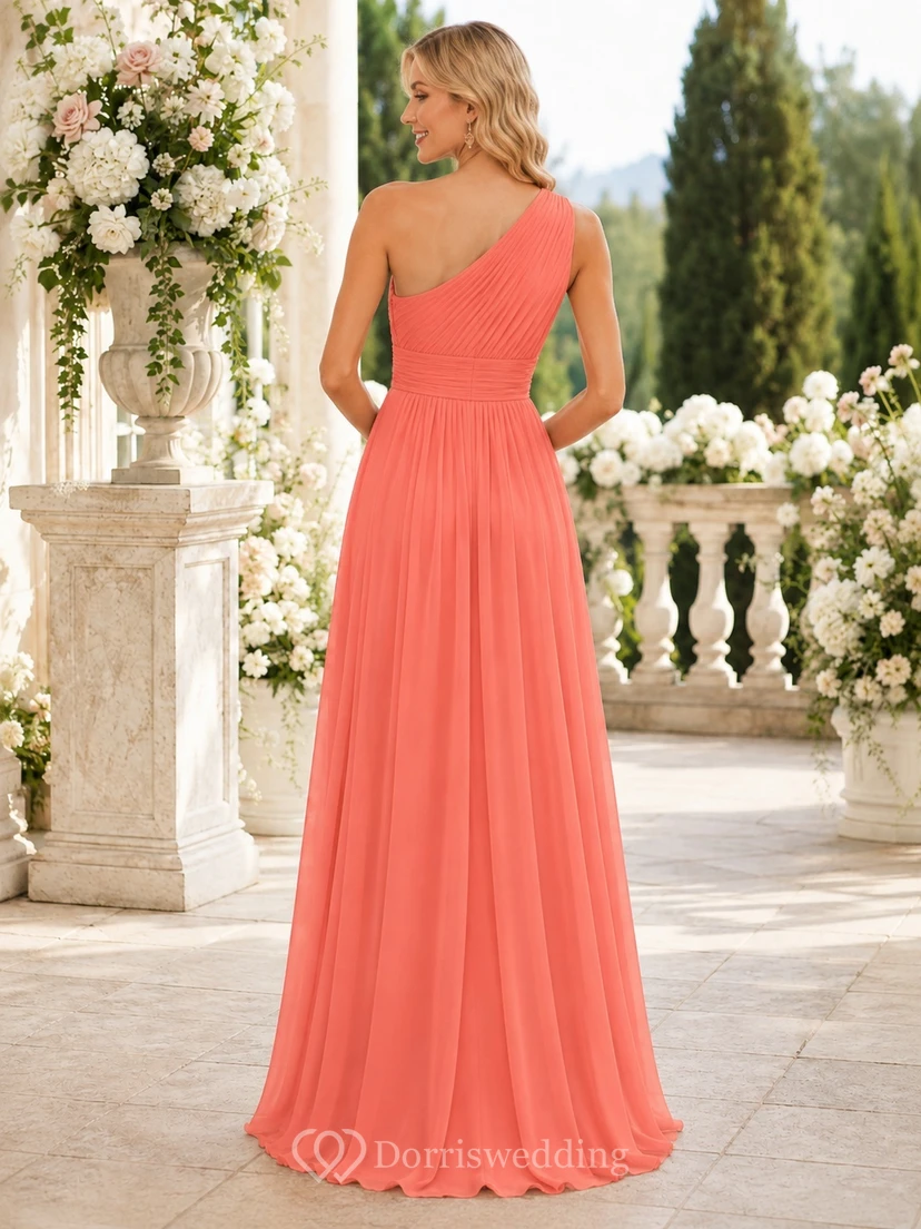 Coral One-Shoulder Pleated Chiffon A-Line Floor-length Sweep Train Formal Dress view 2
