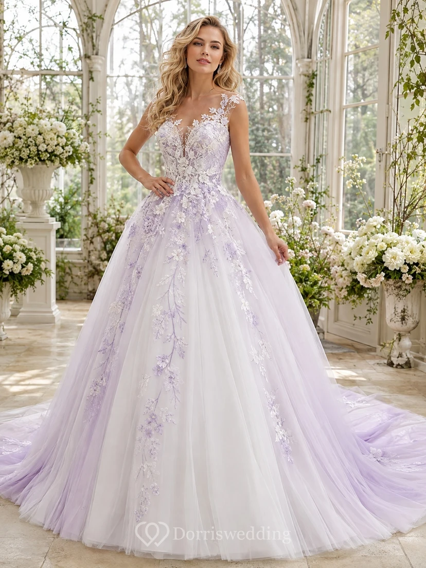 Lavendelfarbenes, geblümtes A-Linien-Brautkleid aus Tüll mit V-Ausschnitt, ärmellos und Kathedralenschleppe