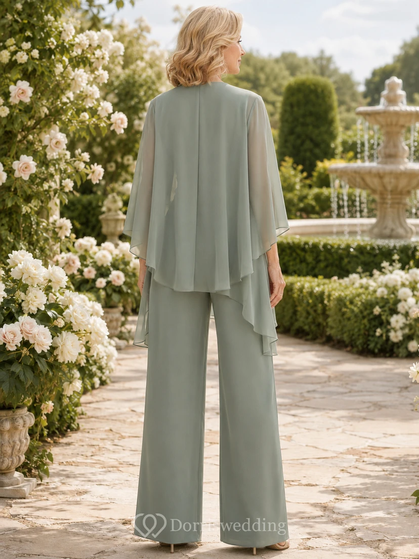 Sage Mother Pantsuit with V Neck Ruched Top, Chiffon Jacket and Wide Leg Pants view 2