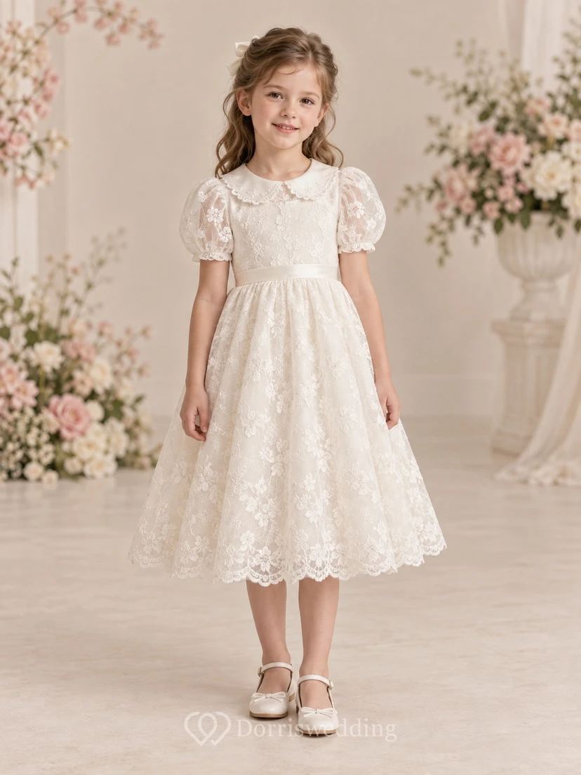 Vestido de niña de flores de corte A, estilo vintage, modesto, color marfil, con estampado floral y encaje, cuello Peter Pan, hasta la rodilla.