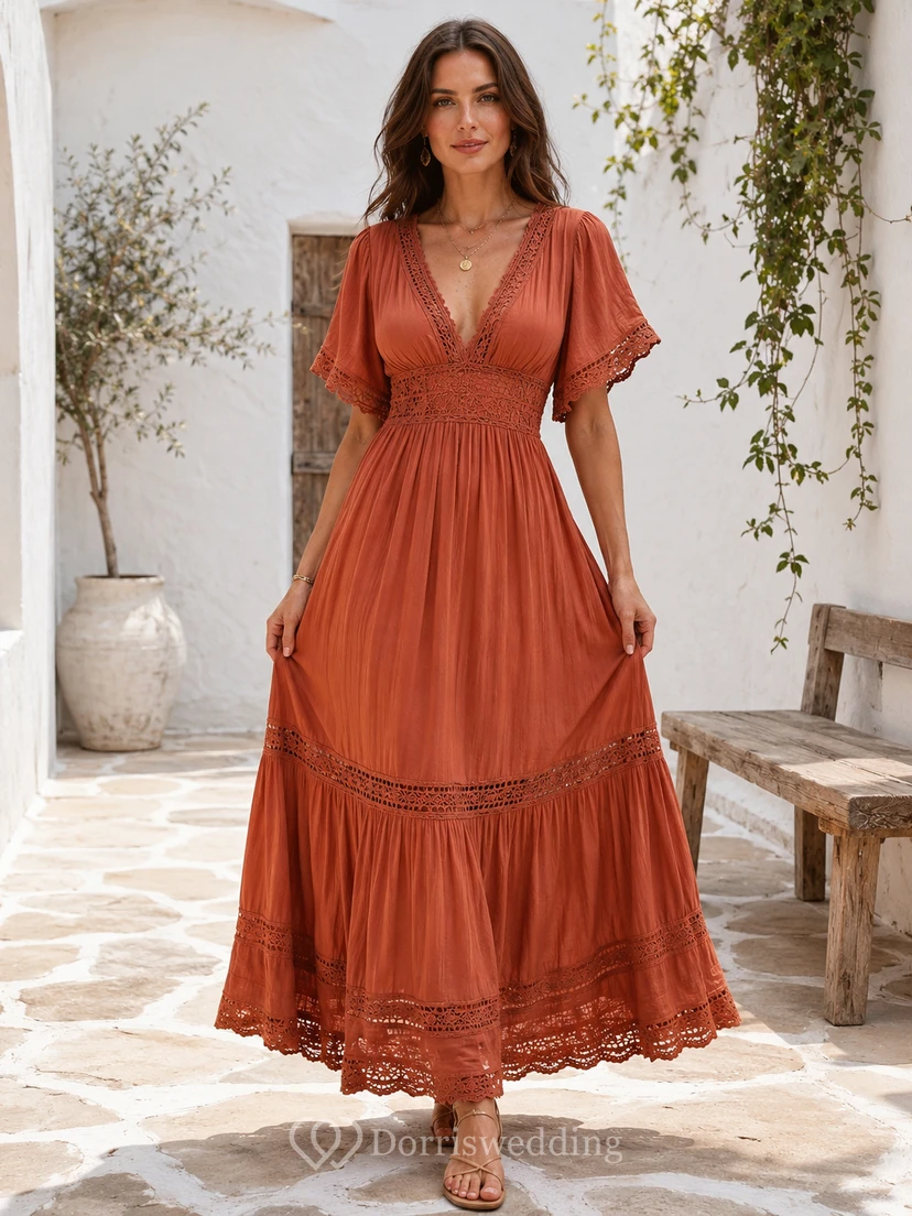 Terrakottafarbenes, volkstümliches Papaya-farbenes A-Linien-Kleid mit V-Ausschnitt, halben Ärmeln und Chiffon im Bohemian-Stil, knöchellang
