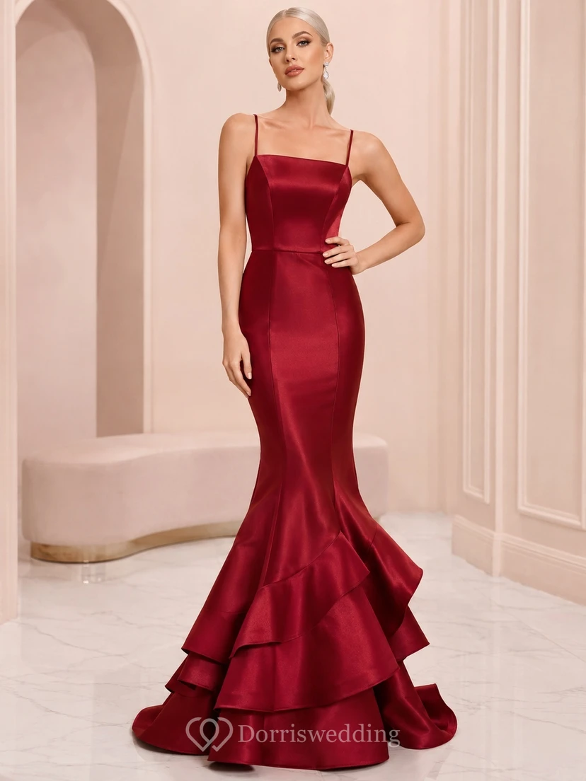 Sexy Red Spaghetti Square Neck Satin Mermaid Tiered Floor-Length Formal Prom Gown