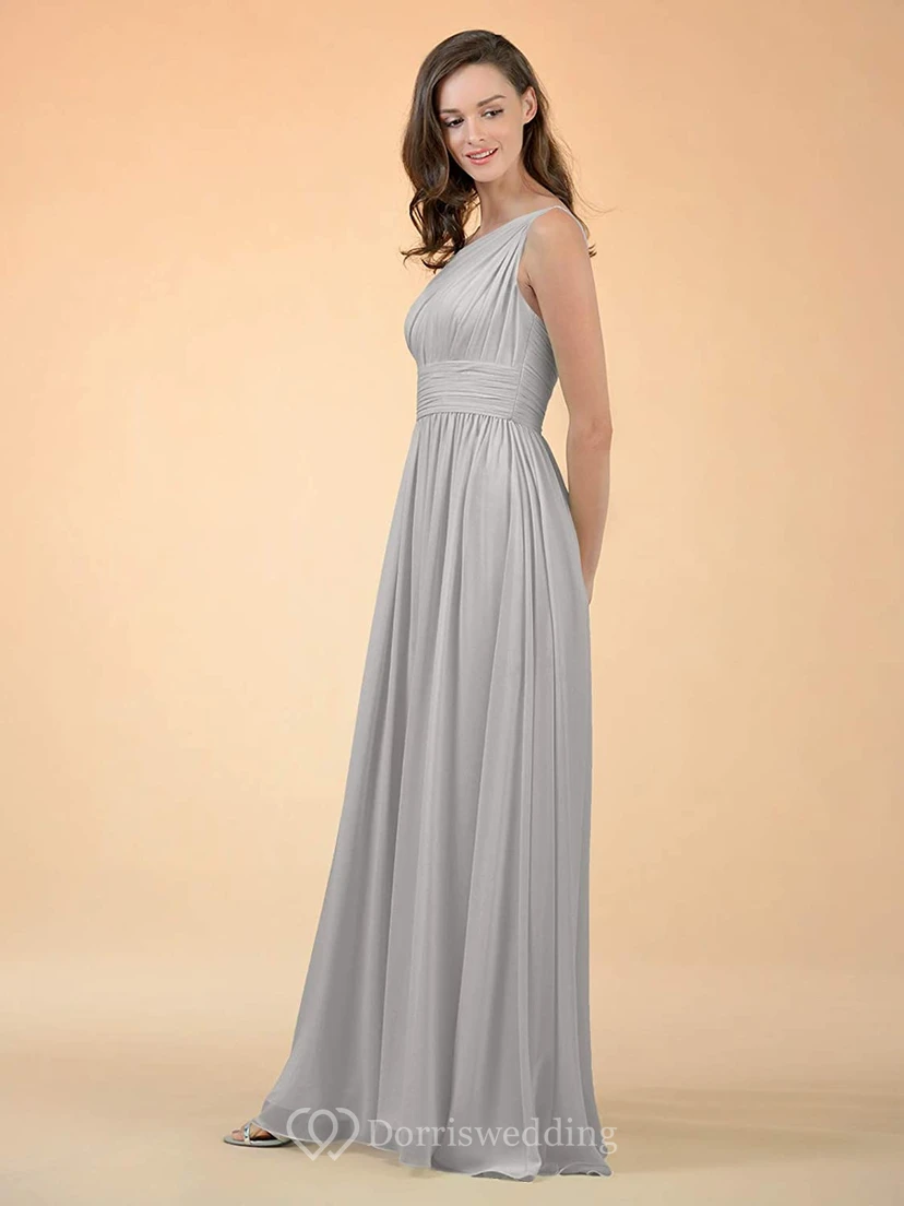 Simple One-shoulder A Line Sleeveless Floor-length Chiffon Bridesmaid Dress With Ruching view 4