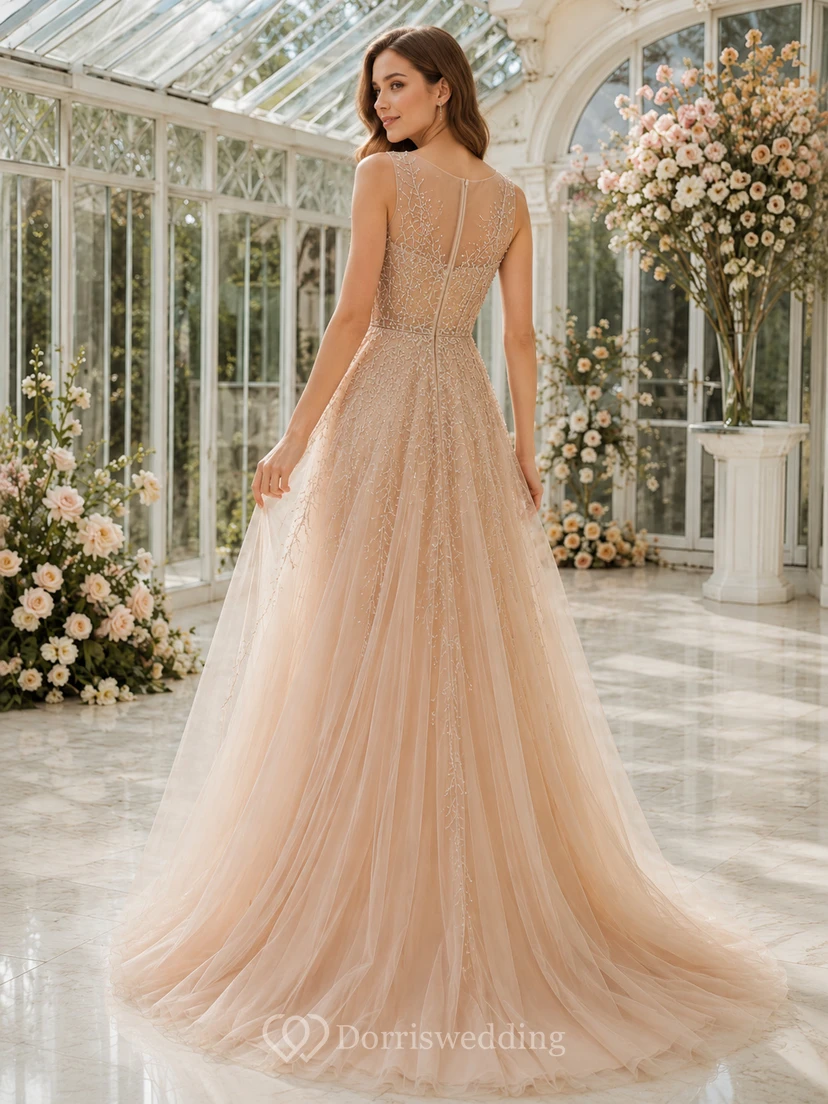 Crystal Atrium Champagne A-Linien-Kleid, bodenlang, ärmellos, Spaghettiträger, Tüll, Luxus-Abendkleid view 2