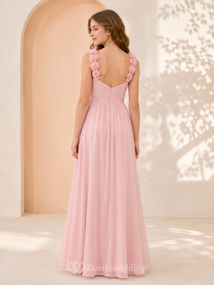 Zartrosa Brautjungfernkleid für junge Frauen, A-Linie, herzförmig, ärmellos, Chiffon, mit floralen Details, romantisch view 2
