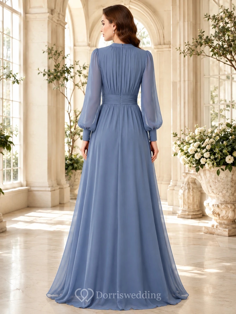 Steel Blue Modest Long Sleeve Chiffon A-Line Evening Dress view 2