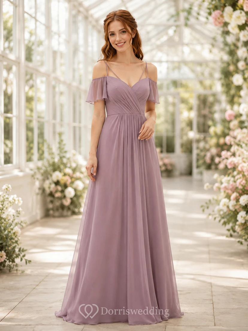 Mauve Off Shoulder Flutter Sleeve Chiffon Floor Length A Line Dress