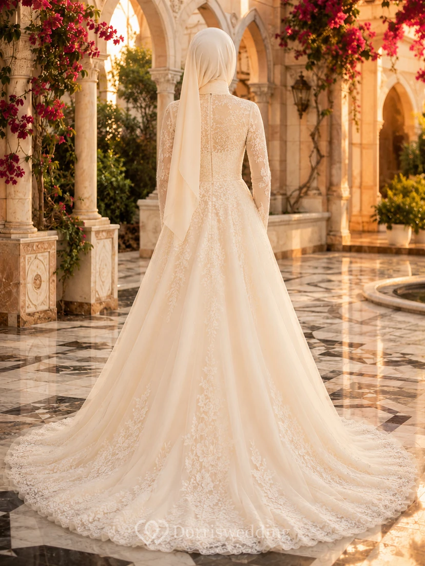 Robe de bal en dentelle avec hijab musulman, robe de mariée pour cour en marbre view 2