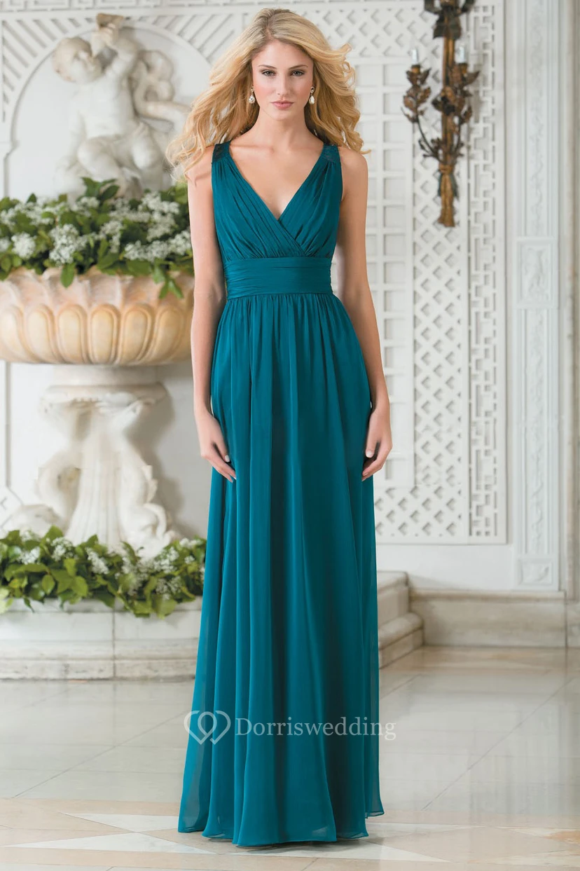 V-Neck Sleeveless Chiffon Bridesmaid Dress With Lace Back