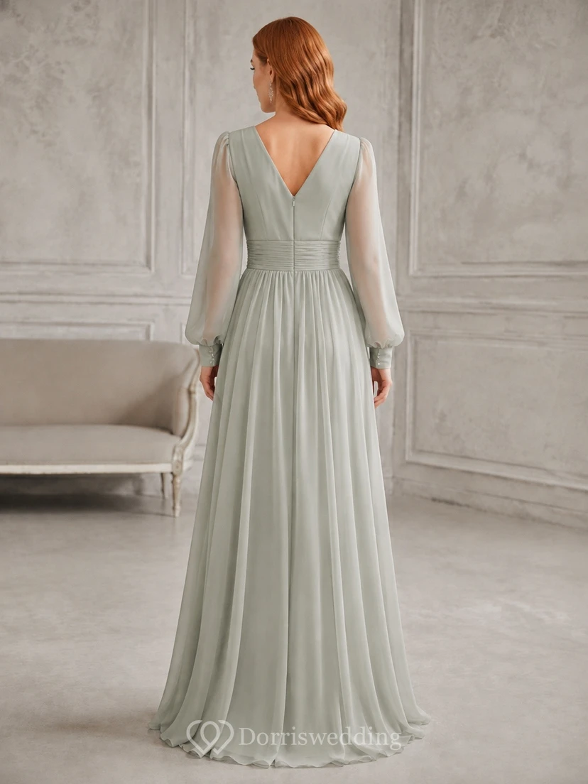 Sage V-Neck Long Sleeve Chiffon A-Line Deep-V Back Floor-Length Dress view 2