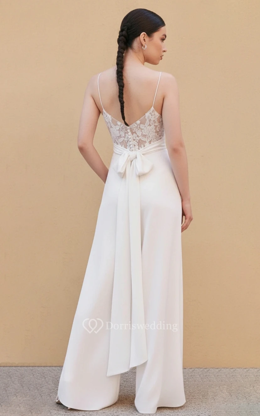 Hochzeitsjumpsuit mit V-Ausschnitt, Rüschen an der Taille und weitem Bein view 2