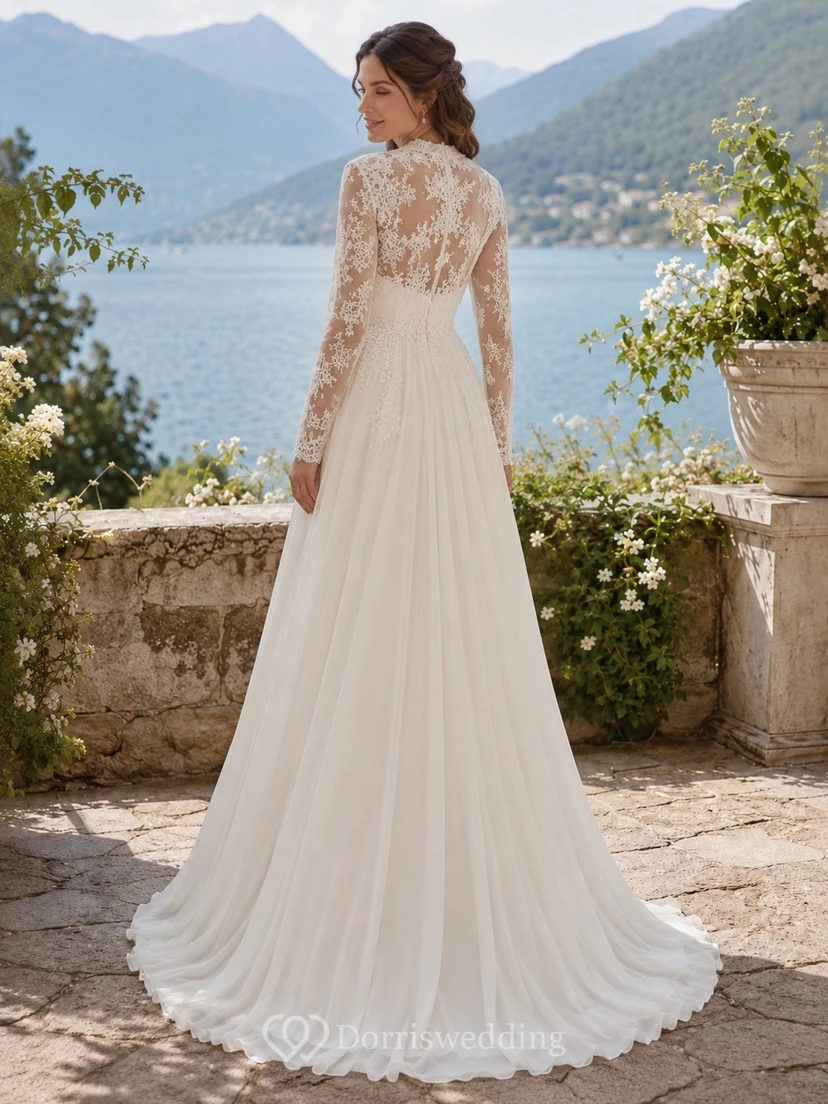 Vestido de novia formal modesto de manga larga con escote en V y corte en A. view 2