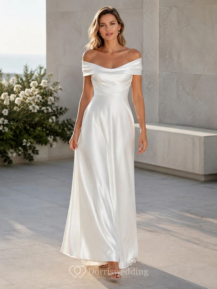 White Satin Off-the-Shoulder Short-Sleeve A-Line Floor-Length Formal Dress