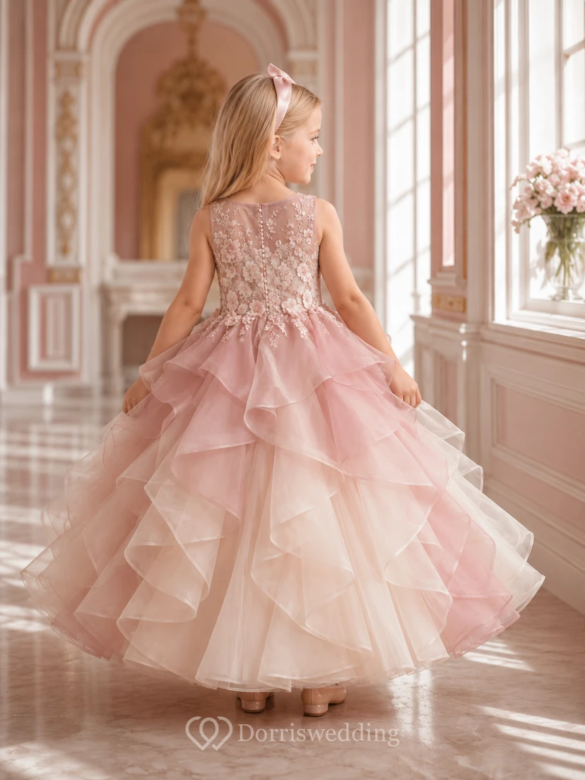 Vestido de princesa largo hasta el suelo para niña de las flores, vestido rosa rubor con encaje y volantes de pétalos. view 2