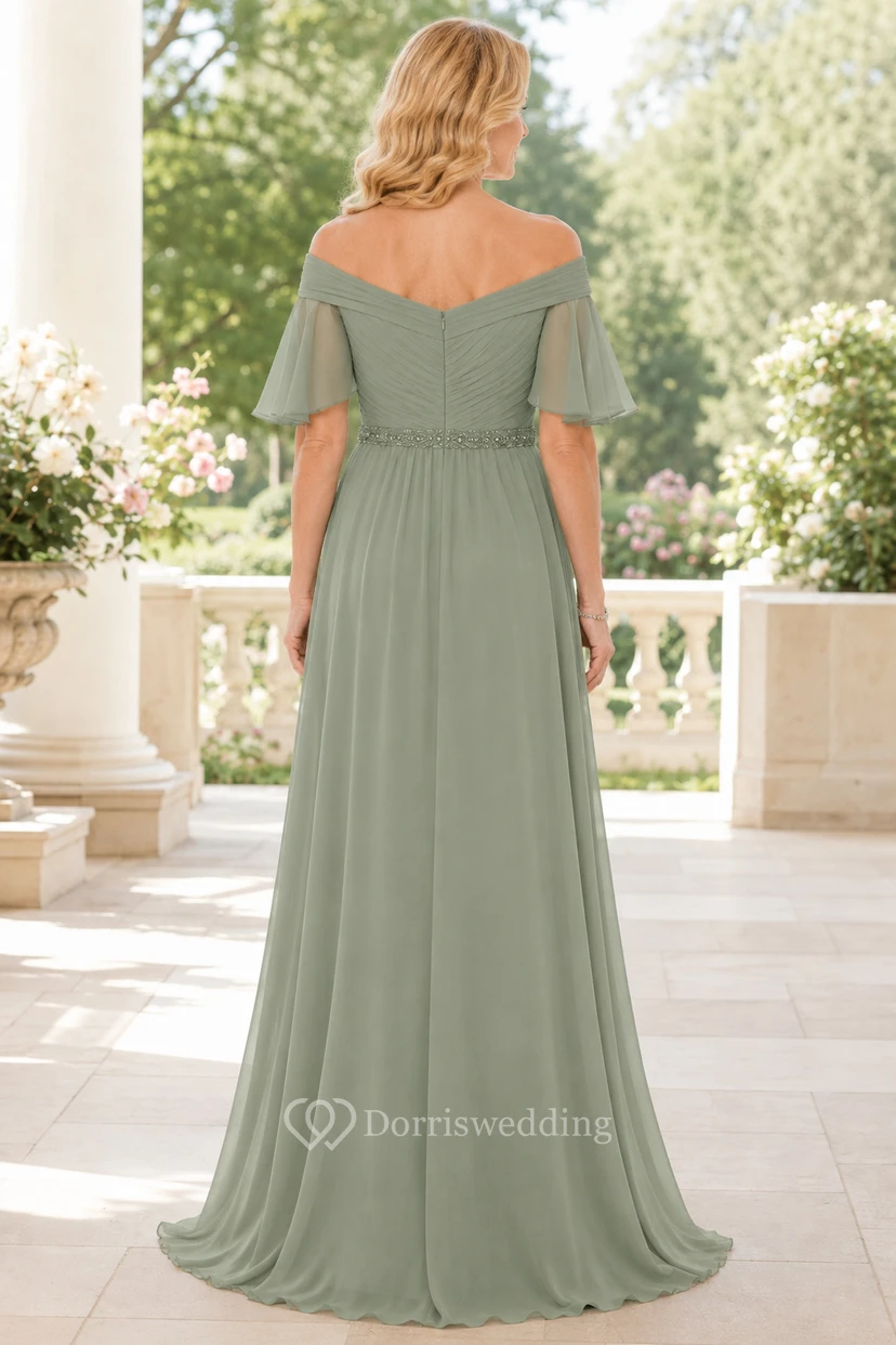 Salbeigrünes schulterfreies Chiffon-Kleid in A-Linie mit flatternden Ärmeln view 2
