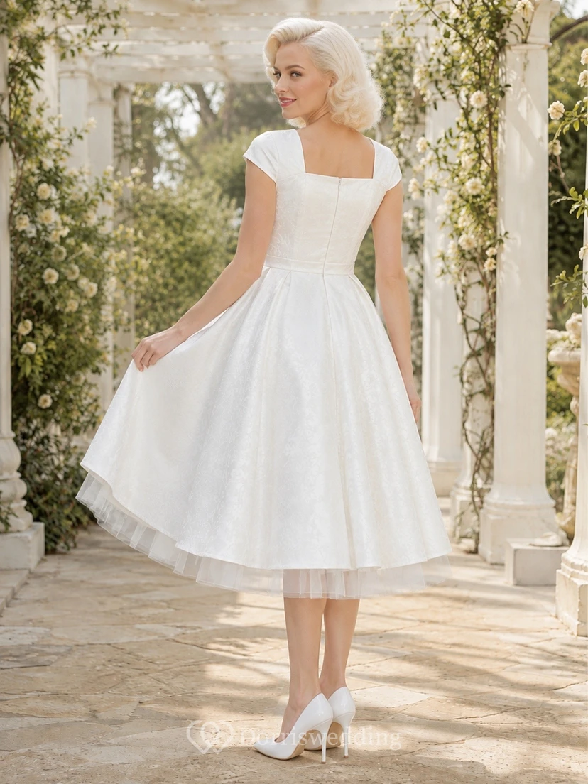 White Square Neck Cap Sleeve Satin Full-Skirt Tea-Length A-Line Dress view 2