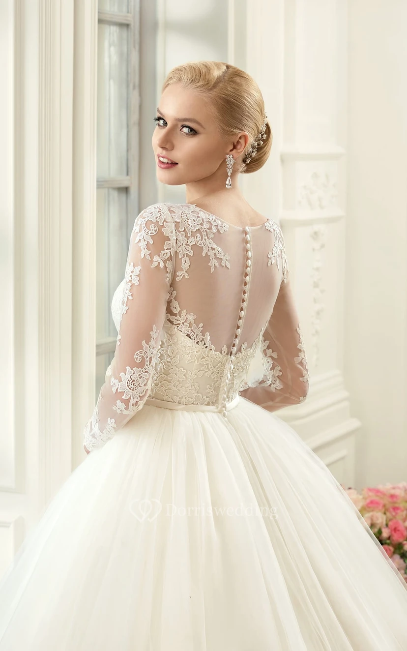 Ball Gown Floor-Length Jewel Long-Sleeve Illusion Tulle Lace Dress With Appliques view 2