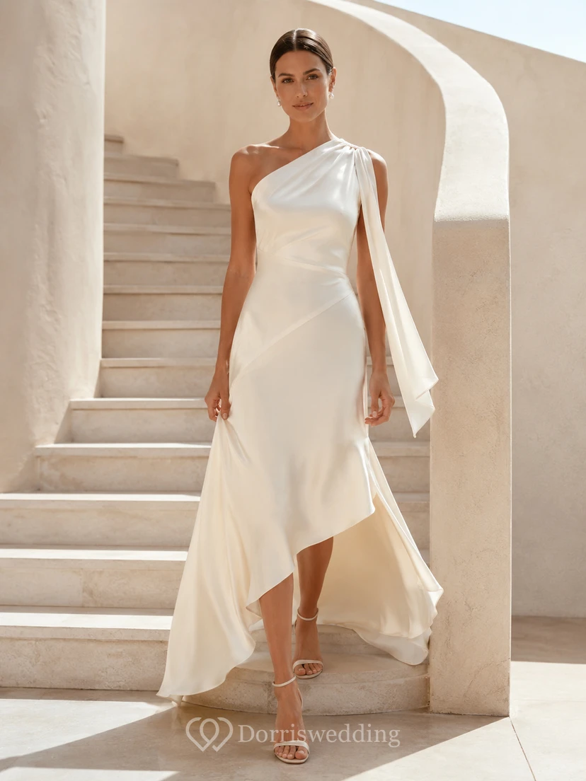 Asymmetrisches One-Shoulder-Kleid im High-Low-Stil für eine romantische Hochzeit