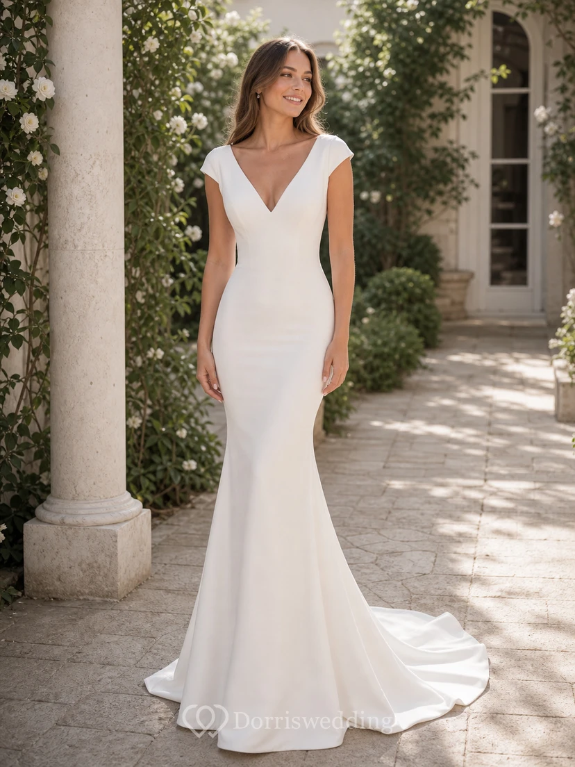 Robe de mariée sirène fourreau unie, col V simple et dos nu en dentelle. view 3