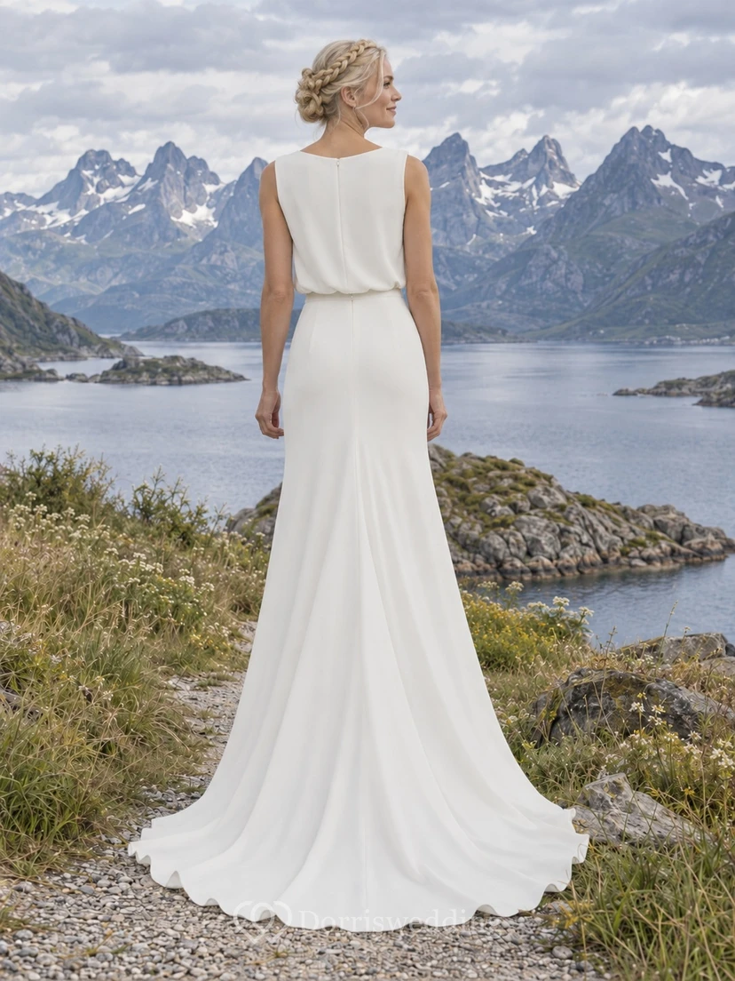 Simple Bateau Neck Sleeveless Crepe A-Line Wedding Dress with Blouson Bodice and Train view 2