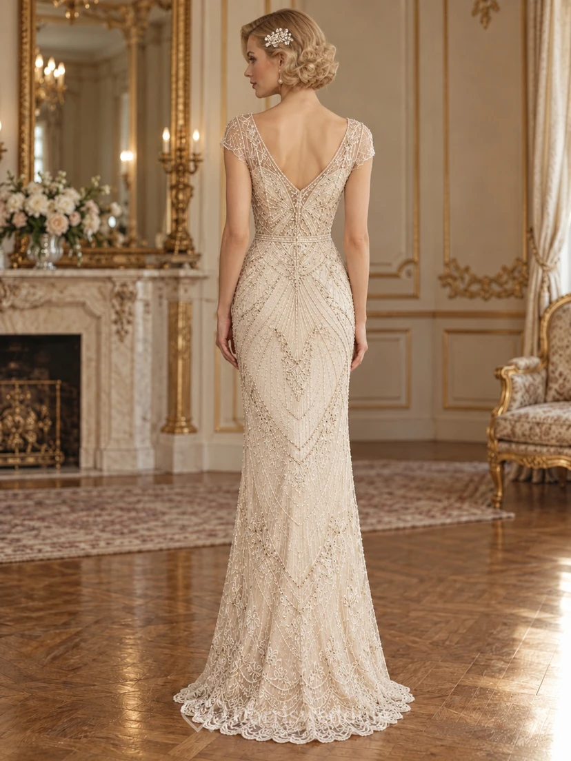 Vintage V-neck Beaded Cap Sleeve Geometric Sheath Wedding Dress view 2