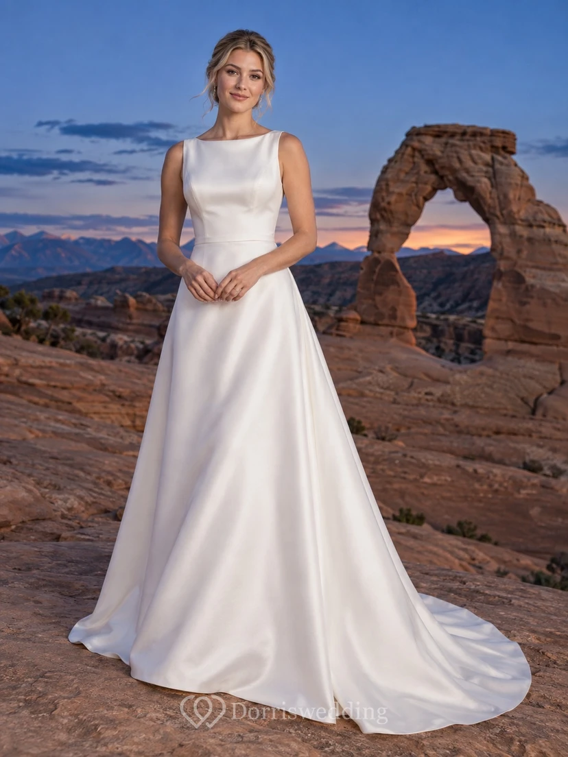 Simple A-Line Bateau Neck Sleeveless Smooth Satin Broad Pleated Sweeping Wedding Dress