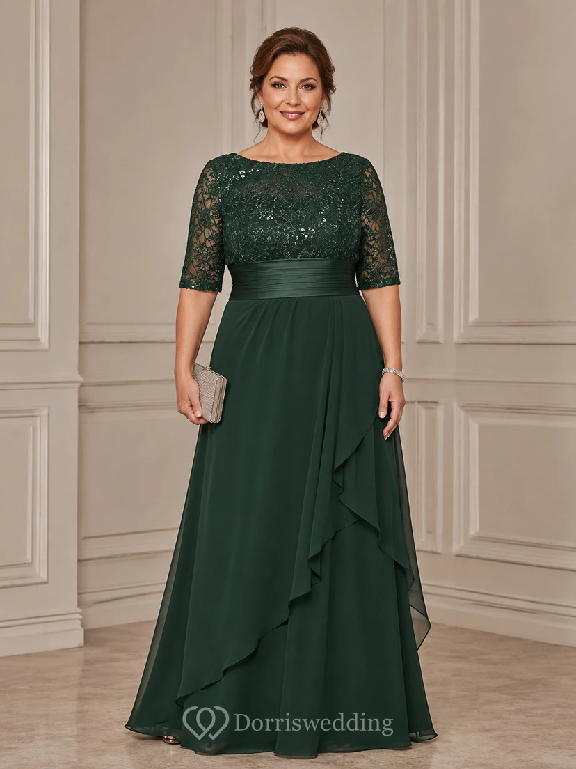 Plus Size A-Line Bateau Half Sleeve Chiffon Mother Dress with Lace