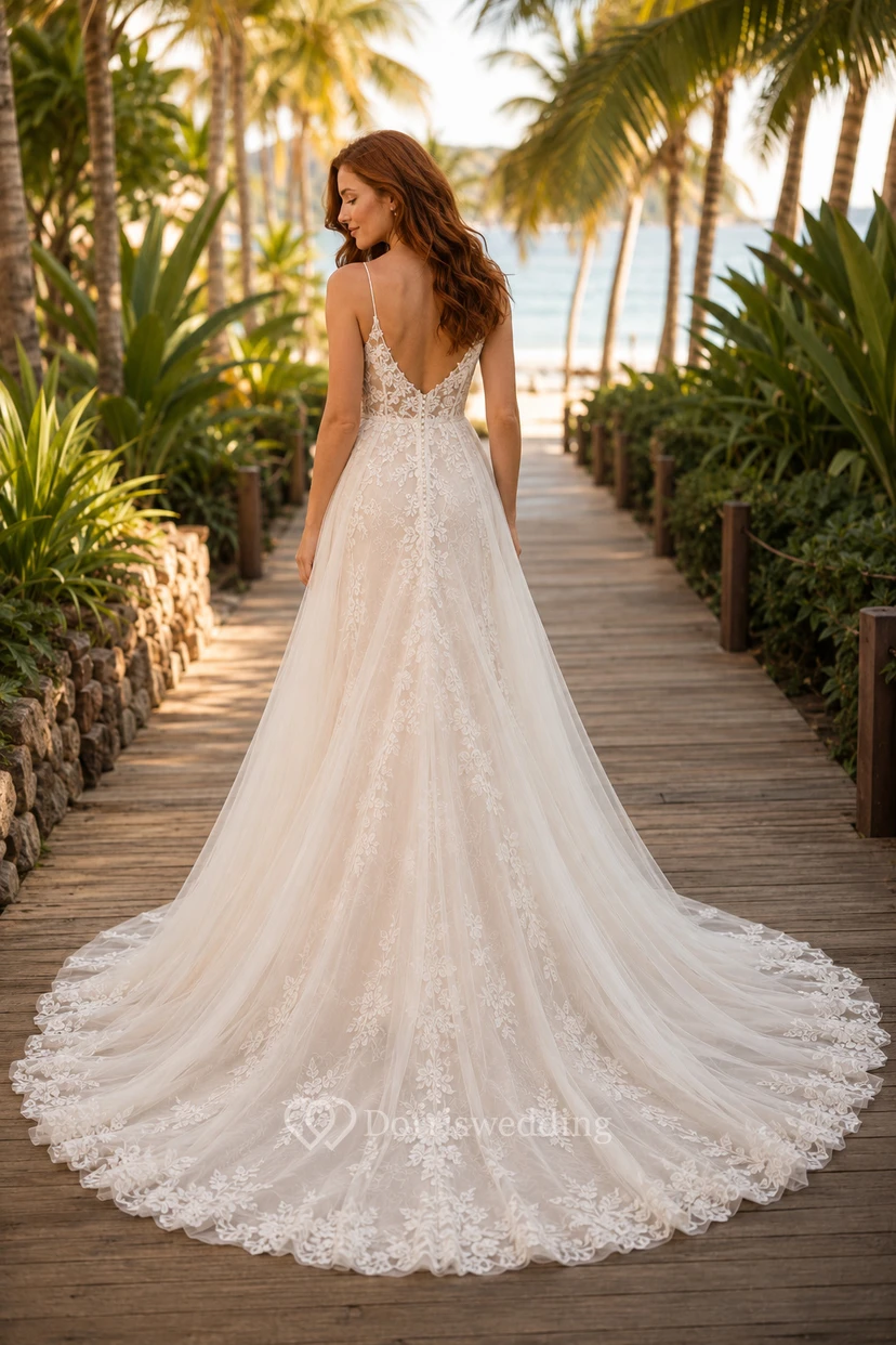 Spaghetti Strap Lace A-Line Beach Wedding Dress view 2