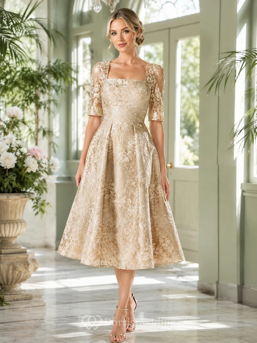 Robe élégante champagne en dentelle, col carré, manches courtes, coupe trapèze et longueur thé