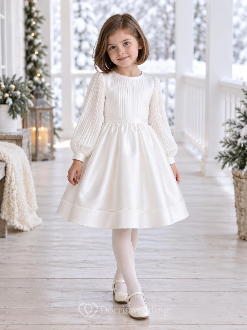 White Satin Pintucked Bodice Long Pleated Sleeve Flower Girl Dress