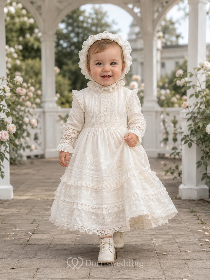 Vintage Modest Baby Baptism Christening Ceremony Dress A-Line Tea-Length High Neck Long Sleeve Tulle Lace Ruffle Trim Tiered Skirt Button Back