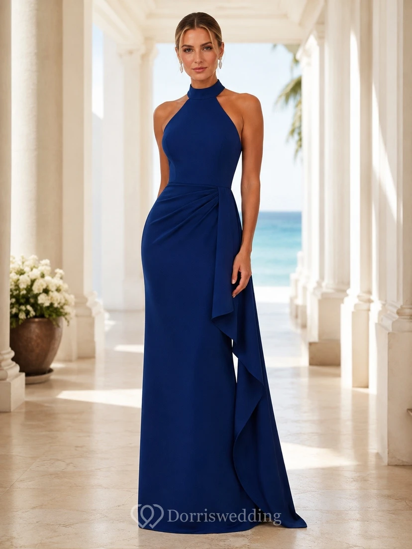 Royal Blue Halter Satin Slit Evening Gown Classic