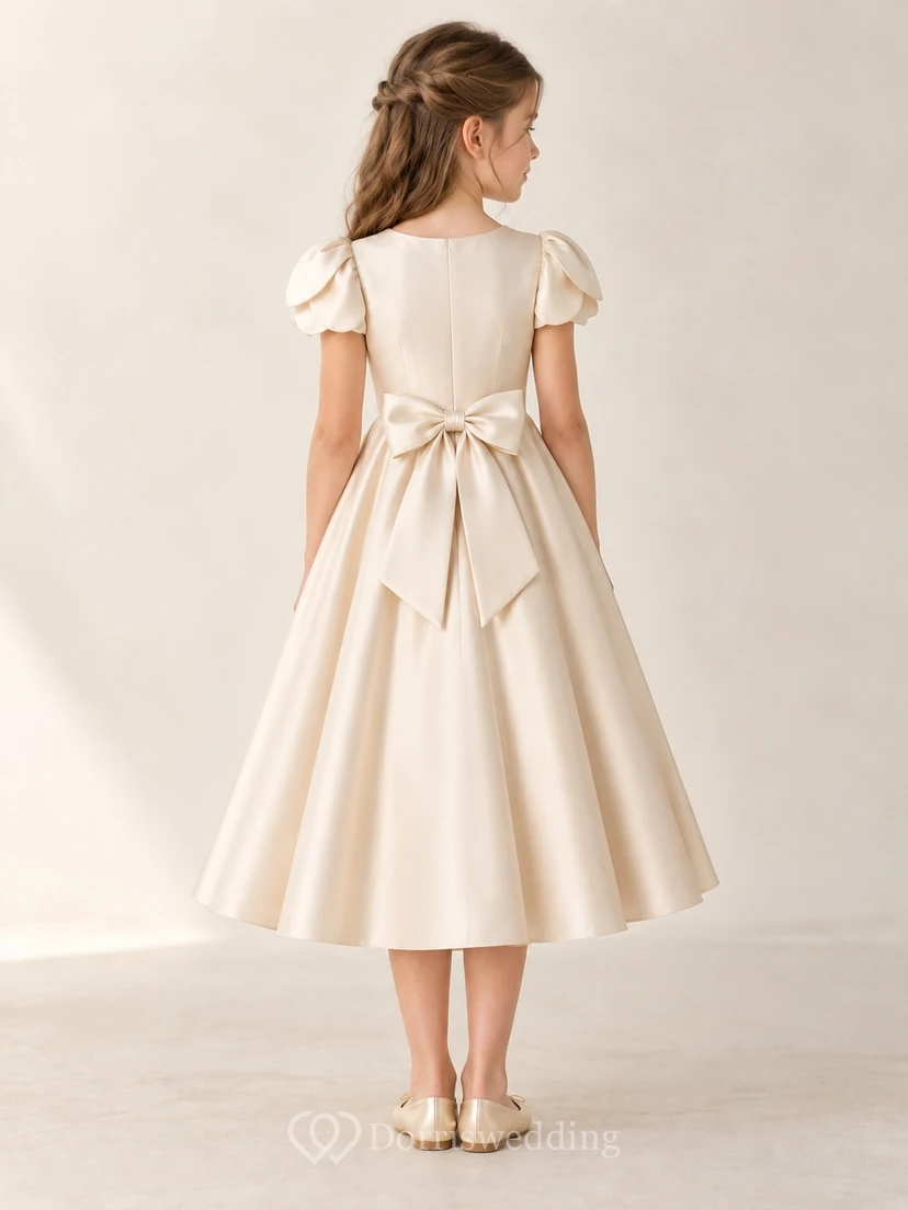 Modest Champagne Tea-length Overlapping Petal Sleeve Folded Bow Full Satin Flower Girl Dress view 2