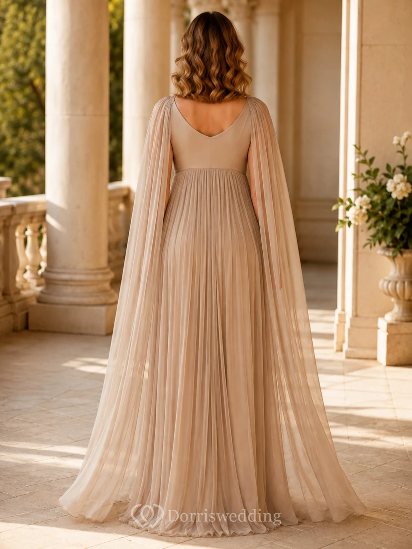 Taupe Chiffon V-neck Long Sleeve Empire Maternity Formal Gown view 2