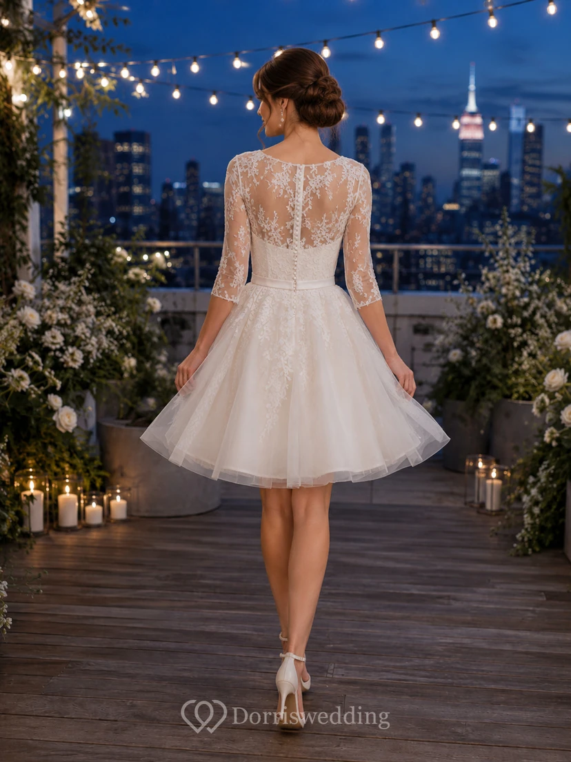 Vestido de novia corto de tul con cuello alto y mangas de encaje para azotea view 2