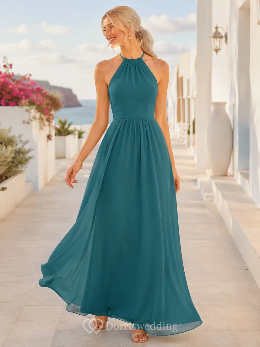Vestido sencillo de dama de honor de verano para playa, de gasa color turquesa, corte en A, largo hasta los tobillos.
