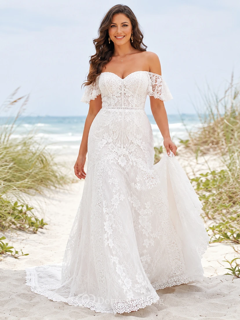 Beach Off Shoulder Flutter Sleeve Lace A-Line Low Back Wedding Dress