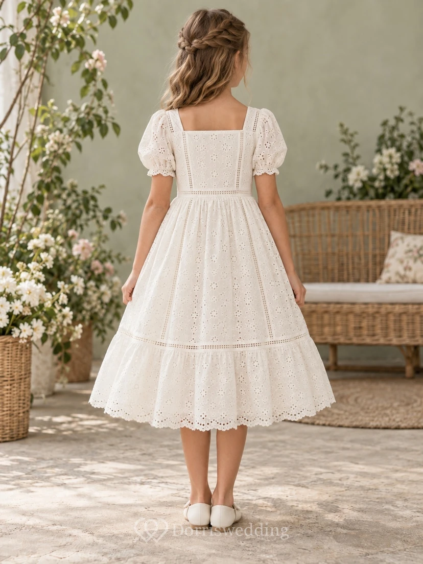 Square Neck Vintage Tea-length Ivory Puff Sleeve Eyelet Cotton Flower Girl Dress view 2