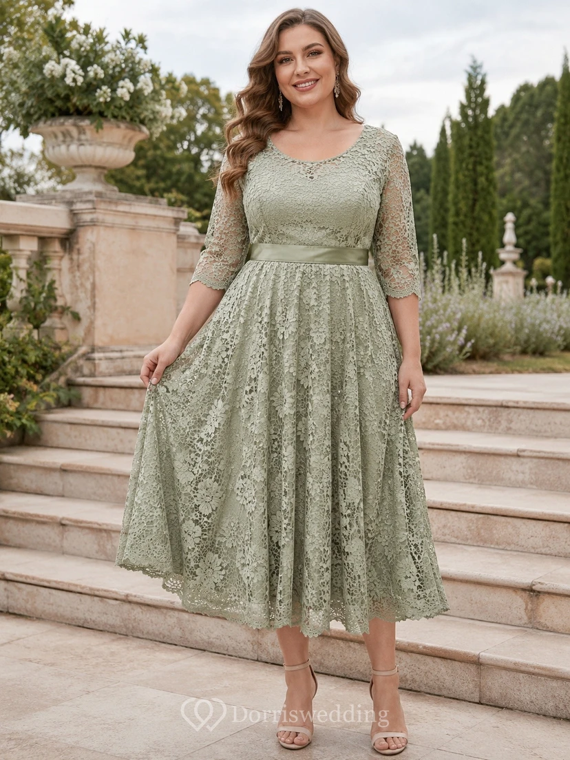 Sage Plus-Size Romantic Square Three-Quarter-Sleeve Lace A-Line Tea-Length Dress