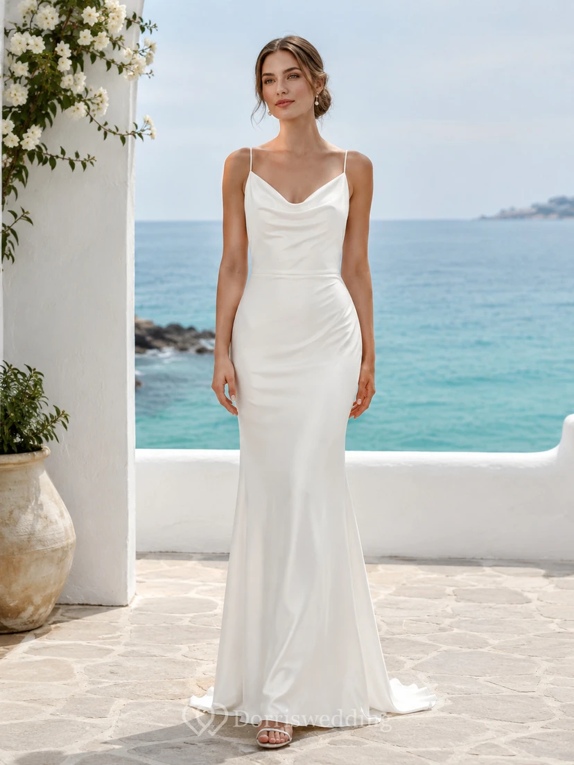 Strandhochzeitskleid aus Satin, Etuikleid, Wasserfallausschnitt, ärmellos, bodenlang, tiefer V-Ausschnitt am Rücken