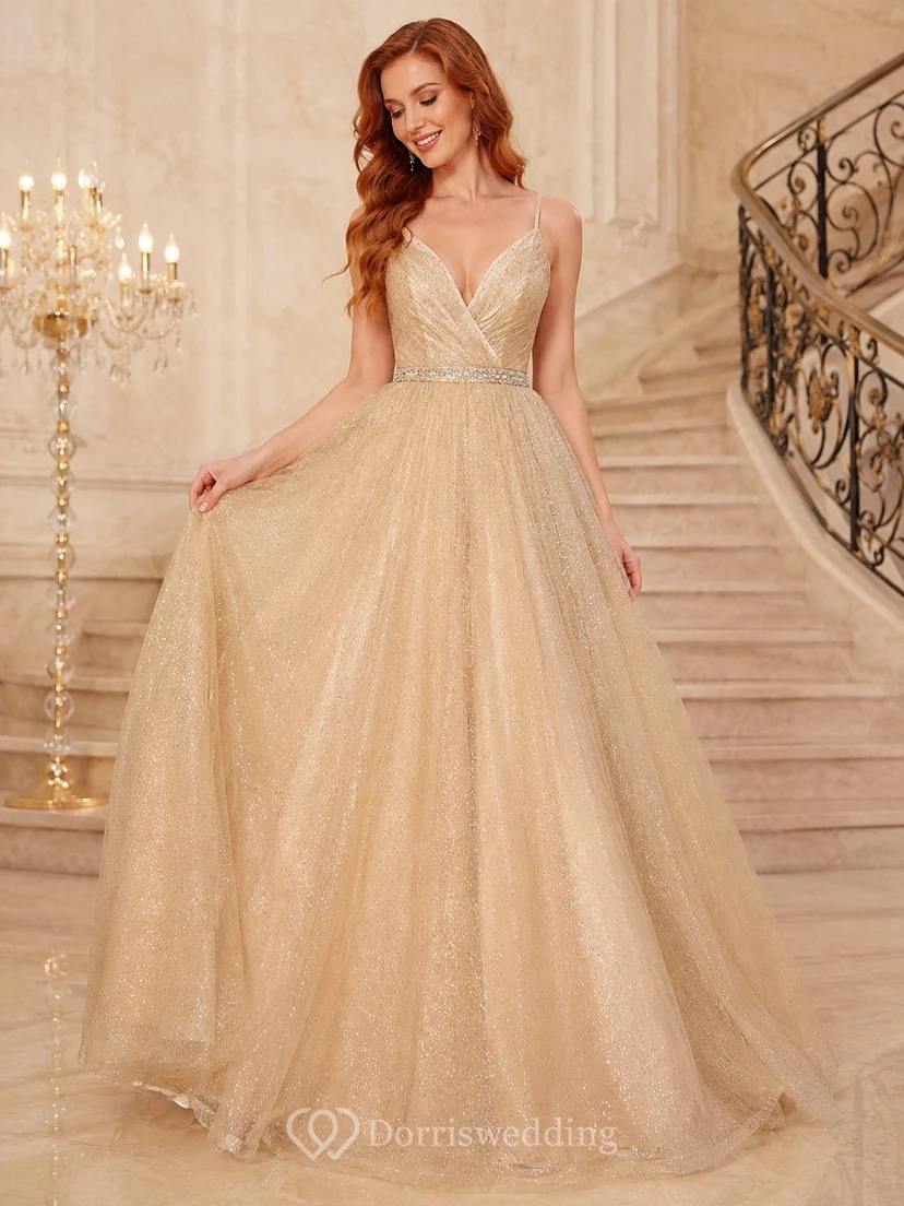 Champagne Tulle Flare V-Neck Ball-Gown Floor-Length Sleeveless Romantic Prom Gown