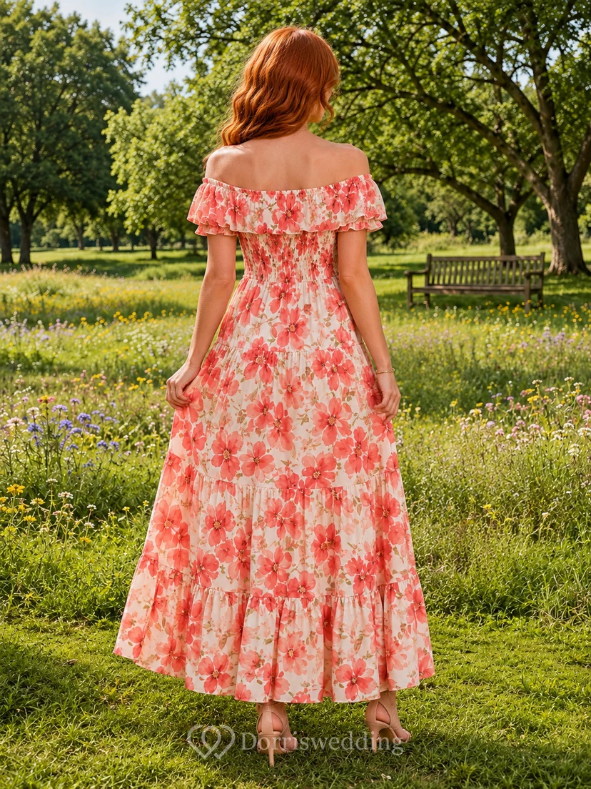 Coral floral off shoulder ruffle A-line park maxi dress view 2