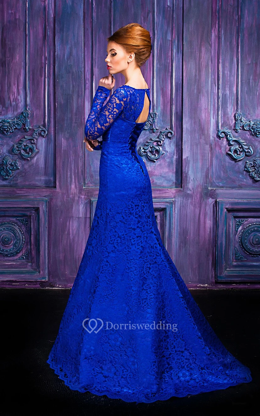 A-line Floor-length Jewel Long Sleeve Lace Keyhole Dress view 3