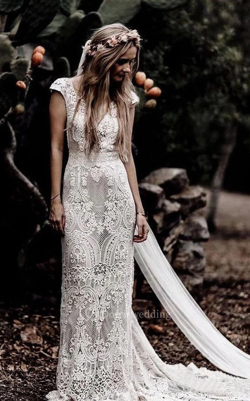 Vintage Empire-Brautkleid aus Spitze mit tiefem V-Ausschnitt und V-Rücken view 7
