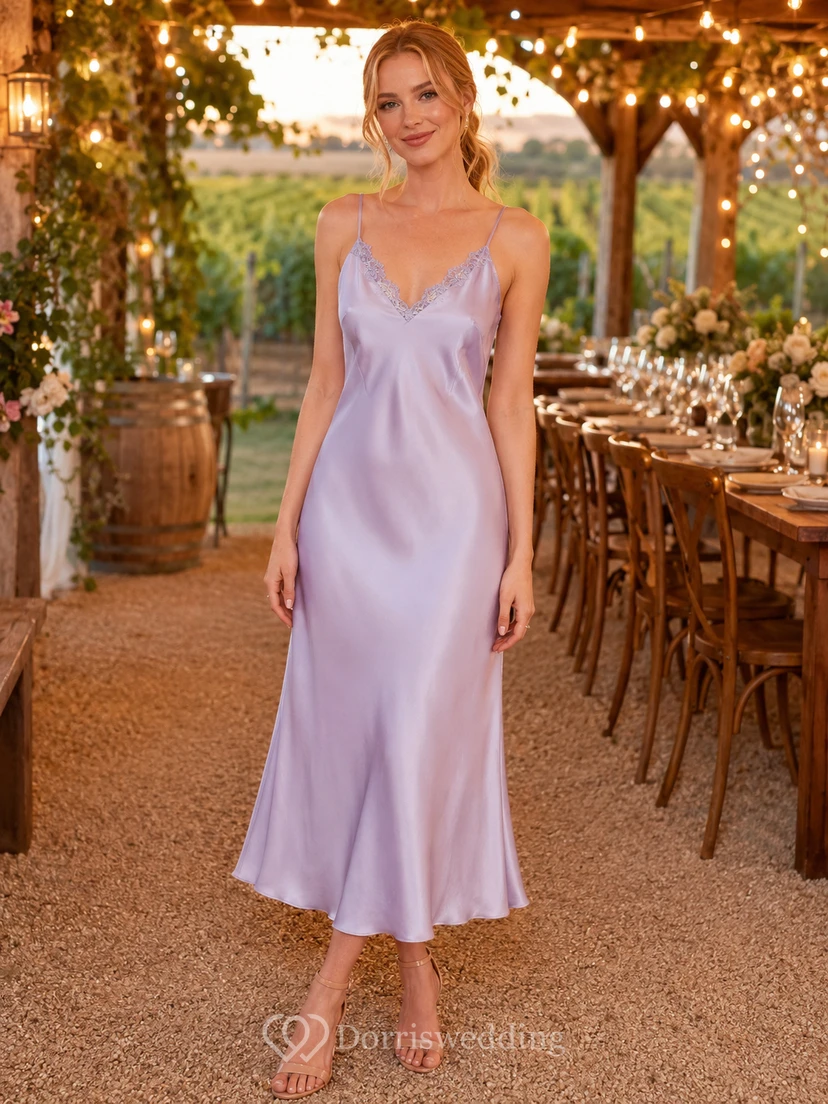 Robe nuisette midi en satin lavande pâle à fines bretelles et col en V